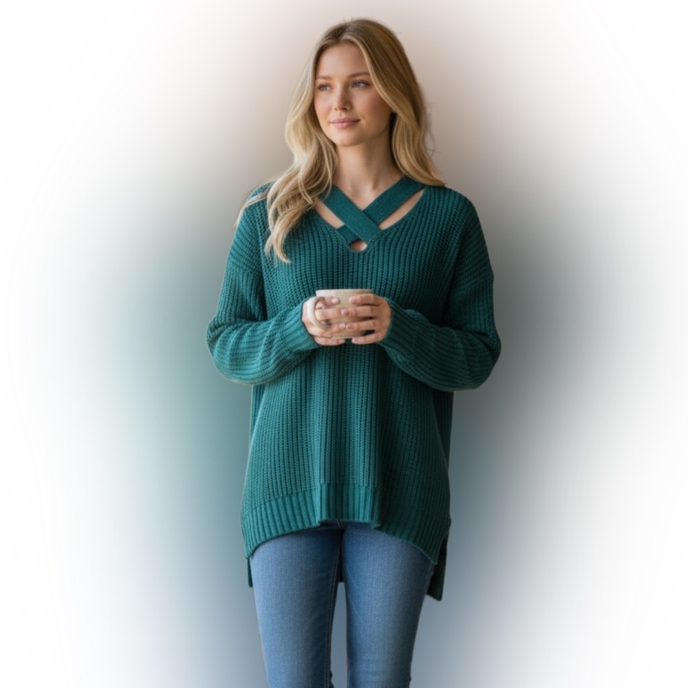 Questions Stylish Teal V-Neck Sweater for Women